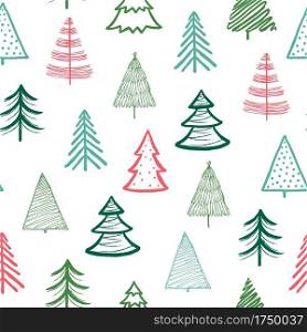 Doodle fir-tree pattern. Christmas tree handmade wallpaper. Xmas spruce cute sketch vector winter holiday seamless texture. Xmas sketch spruce, firtree repetition backdrop pattern drawing illustration. Doodle fir-tree pattern. Christmas tree handmade wallpaper. Xmas spruce cute sketch vector winter holiday seamless texture