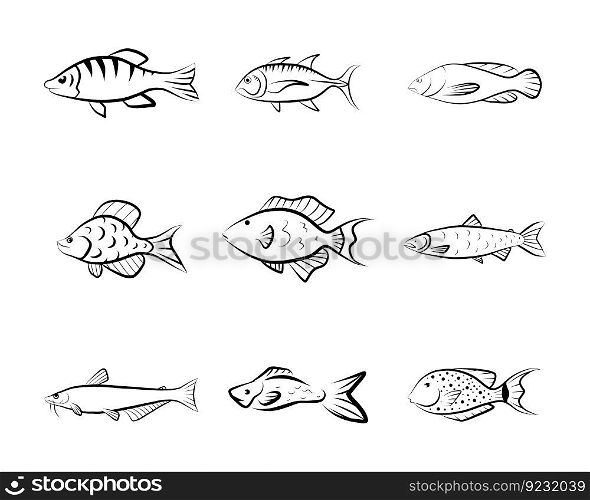 Doodle fish icon set