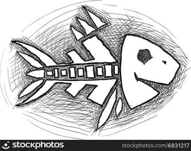 Doodle fish skeleton isolated on white background. black Fish Bone