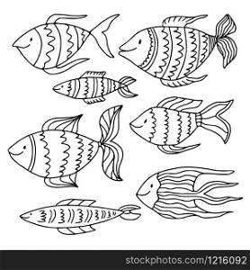 Doodle fishes collection. Coloring book page. Doodle fishes collection. Coloring book page.