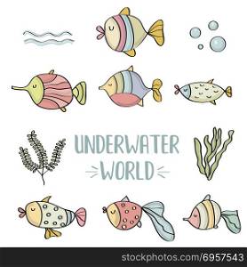 doodle fishes set, underwater world. doodle fishes set, underwater world, vector eps 10