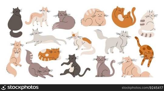 Doodle flat cats, funny fur cat and kittens. Cute pets isolated characters. Cartoon animals sleep, play, sitting. Racy fluffy animals vector kit of fur kitten and pet cartoon illustration. Doodle flat cats, funny fur cat and kittens. Cute pets isolated characters. Cartoon animals sleep, play, sitting. Racy fluffy animals vector kit