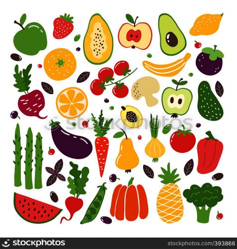 Doodle flat fruits and vegetables. Hand drawn berries potato onion tomato apples, vegetarian set. Vector fruits doodle sketch colourful organic illustrations fresh style. Doodle flat fruits and vegetables. Hand drawn berries potato onion tomato apples, vegetarian set. Vector fruits doodle sketch