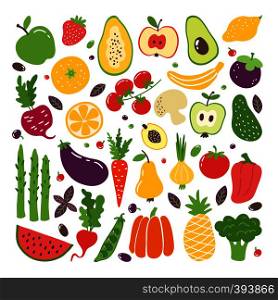 Doodle flat fruits and vegetables. Hand drawn berries potato onion tomato apples, vegetarian set. Vector fruits doodle sketch colourful organic illustrations fresh style. Doodle flat fruits and vegetables. Hand drawn berries potato onion tomato apples, vegetarian set. Vector fruits doodle sketch