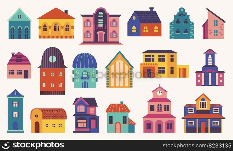 Doodle flat home. Different houses, front exterior little house. Hygge colorful tiny village buildings. Scandinavian city street architecture, vector set of building exterior colored illustration. Doodle flat home. Different houses, front exterior little house. Hygge colorful tiny village buildings. Scandinavian style city street architecture, neoteric vector set