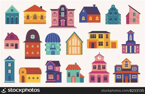 Doodle flat home. Different houses, front exterior little house. Hygge colorful tiny village buildings. Scandinavian city street architecture, vector set of building exterior colored illustration. Doodle flat home. Different houses, front exterior little house. Hygge colorful tiny village buildings. Scandinavian style city street architecture, neoteric vector set