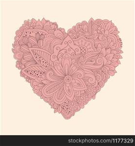 Doodle floral heart. Vintage printable heart with linear flowers vector illustration isolated on background. Doodle floral heart. Vintage printable heart with linear flowers vector illustration