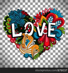 Doodle floral heart with Love lettering for Valentines day card vector isolated on transparent background. Doodle floral heart on transparent background
