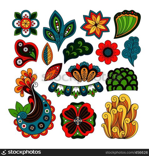 Doodle floral paisley elements. Vector leaves, flowers and herbs in bright decorative style. Doodle floral paisley elements