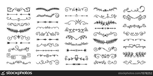 Doodle flourish dividers. Hand drawn ornament elements for greeting cards and invitations decorative frames. Collection of black lines on white isolated background. Vector vintage flat borders set. Doodle flourish dividers. Hand drawn ornament elements for greeting cards and invitations decorative frames. Black lines on white isolated background. Vector vintage flat borders set