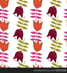 Doodle flower folk art seamless pattern isolated on white background. Floral nature wallpaper. Folklore style. For fabric design, textile print, wrapping, cover. Simple vector illustration.. Doodle flower folk art seamless pattern isolated on white background.