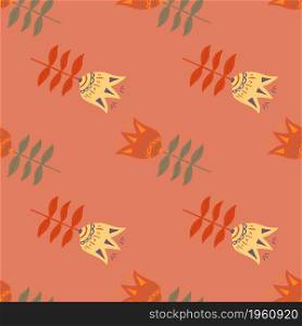 Doodle flower folk art seamless pattern on orange background. Floral nature wallpaper. Folklore style. For fabric design, textile print, wrapping, cover. Simple vector illustration.. Doodle flower folk art seamless pattern on orange background. Floral nature wallpaper.