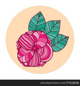 Doodle flower illustration. T-shirt print design. Label or pin flower in pink and green colors. Doodle flower illustration. T-shirt print design. Label or pin flower in pink and green colors.
