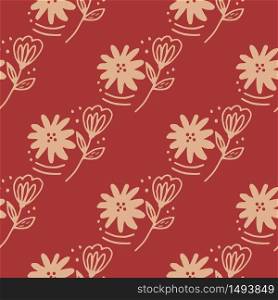 Doodle flower seamless pattern in line art style on red background. Abstract floral. Decorative backdrop for fabric design, textile print, wrapping paper, cover. Vector illustration. Doodle flower seamless pattern in line art style on red background. Abstract floral.