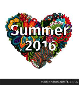 Doodle flowers heart with hand drawn herbs and Summer 2016 text. Vector illustration. Doodle flowers heart with Summer 2016 text