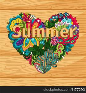 Doodle flowers heart with hand drawn herbs and Summer text on wood background, vector illustration. Doodle flowers heart on wood background