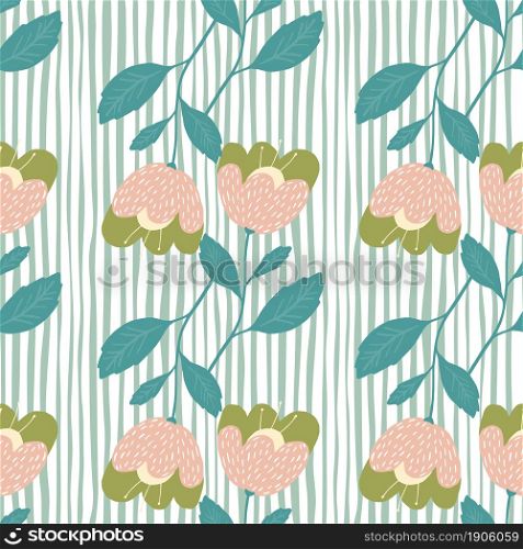 Doodle flowers seamless pattern on stripe background. Beautiful vintage botany texture. Floral wallpaper. Pretty design for fabric, textile print, wrapping, cover. Vector illustration.. Doodle flowers seamless pattern on stripe background.