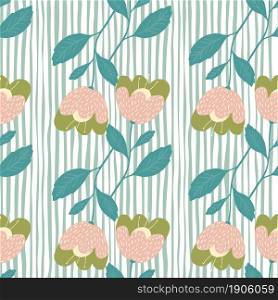Doodle flowers seamless pattern on stripe background. Beautiful vintage botany texture. Floral wallpaper. Pretty design for fabric, textile print, wrapping, cover. Vector illustration.. Doodle flowers seamless pattern on stripe background.