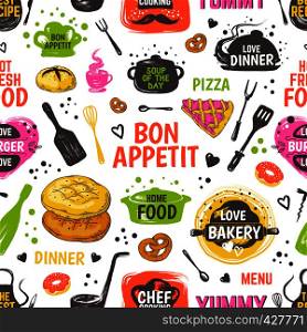 Doodle food pattern. Menu seamless background, vector hand drawn restaurant and cafe poster with sketch kitchen funny elements. Doodle food pattern. Menu seamless background, vector hand drawn restaurant and cafe poster with sketch kitchen elements