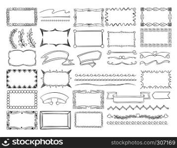 Doodle frame borders, hand drawn ribbon banners and sketch design decoration elements vector set. Frame and branch, ribbon and curl elements, illustration of creativity decoration frames. Doodle frame borders, hand drawn ribbon banners and sketch design decoration elements vector set