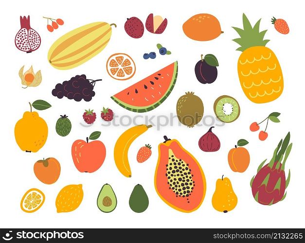 Doodle fresh fruits. Sketch fruit, simple decorative food composition. Isolated graphic art abstract apple and berries, exotic tropical sweets classy vector set. Illustration of fruits and vegetarian. Doodle fresh fruits. Sketch fruit, simple decorative food composition. Isolated graphic art abstract apple and berries, exotic tropical sweets classy vector set