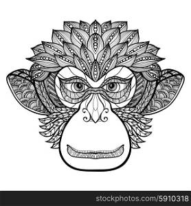 Doodle front view monkey face with decorative ornament black vector illustration. Monkey Doodle Face