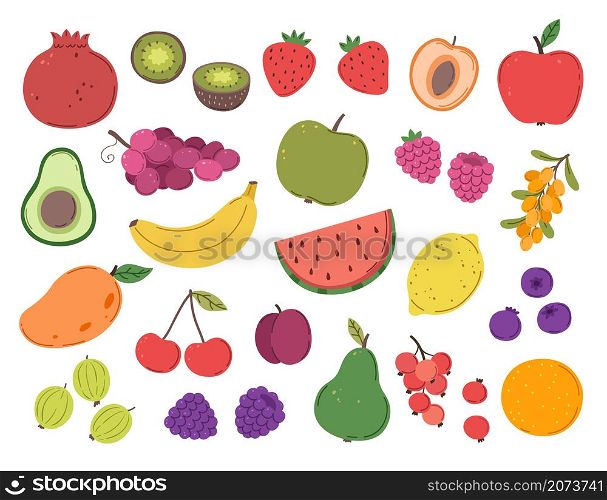 Doodle fruit and berry. Abstract berries, strawberry juicy plants. Ripe raspberry blackberry dessert, fruits vitamins. Fresh food vector set. Ripe strawberry fresh sweet berry or fruits illustration. Doodle fruit and berry. Abstract berries, strawberry juicy plants. Ripe raspberry blackberry dessert, fruits vitamins. Fresh food exact vector set