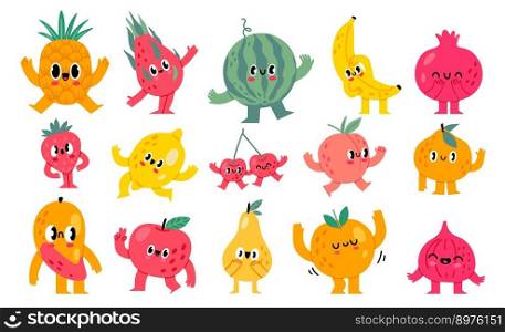 Doodle fruits and berries characters. Funny grocery food mascot with happy cartoon faces vector illustration set. Exotic and tropical food as dragon fruit, pineapple, mango with cheerful expressions. Doodle fruits and berries characters. Funny grocery food mascot with happy cartoon faces vector illustration set
