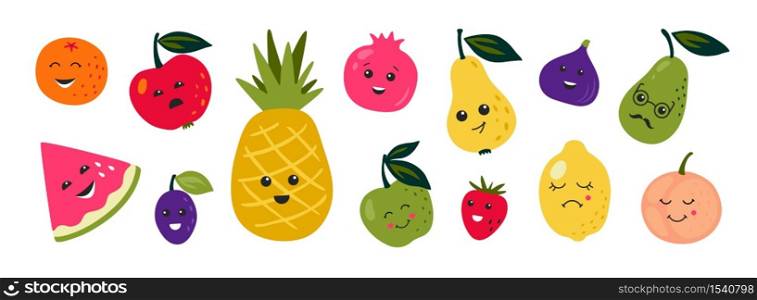 Doodle fruits. Cartoon funny characters of berries and citrus with happy faces, tropical food with cute kawaii emotions. Vector set doodles character cute summer fruit. Doodle fruits. Cartoon funny characters of berries and citrus with happy faces, tropical food with cute kawaii emotions. Vector set