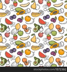 Doodle fruits seamless pattern. Hand drawn exotic fruits mango, orange and lemon, watermelon, banana and kiwi wallpaper vector texture. Tasty sweet food with vitamins as palm, strawberry, pear. Doodle fruits seamless pattern. Hand drawn exotic fruits mango, orange and lemon, watermelon, banana and kiwi wallpaper vector texture
