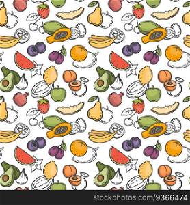 Doodle fruits seamless pattern. Hand drawn exotic fruits mango, orange and lemon, watermelon, banana and kiwi wallpaper vector texture. Tasty sweet food with vitamins as palm, strawberry, pear. Doodle fruits seamless pattern. Hand drawn exotic fruits mango, orange and lemon, watermelon, banana and kiwi wallpaper vector texture