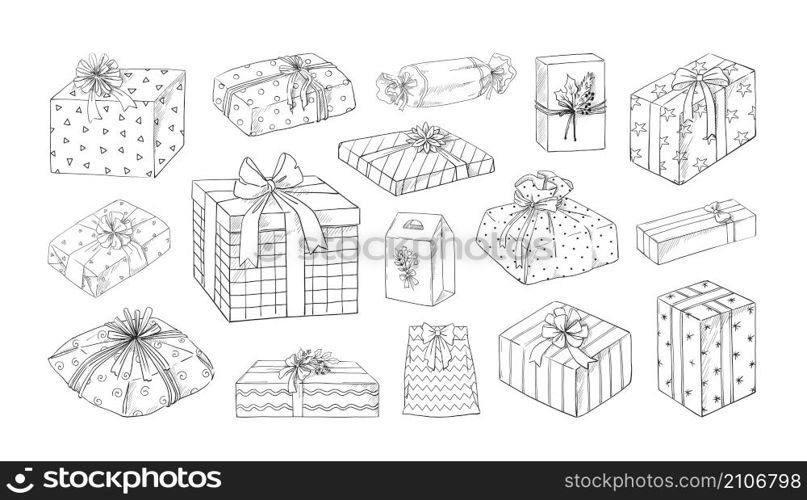 Doodle gift box. Birthday or Christmas present cardboard packaging with decoration ribbon bow. Hand drawn holiday surprise containers. Xmas celebration. Vector anniversary festive package sketches set. Doodle gift box. Birthday or Christmas present cardboard packaging with decoration ribbon. Hand drawn holiday surprise containers. Xmas celebration. Vector anniversary package sketches set