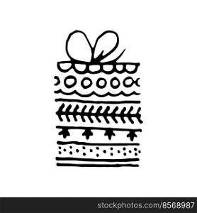 Doodle gift box icon isolated on white background. Christmas presents thin line doodle in cartoon style. Gift wrap or package. Hand drawn icons gifts with scandinavian patterns. Vector