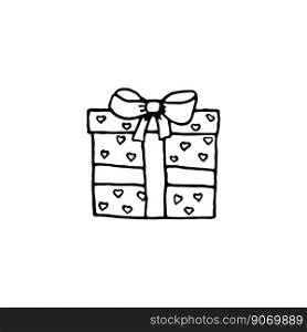 Doodle gift box with bow icon isolated on white background. Christmas and New Year presents with hearts thin line doodle in cartoon style. Gift wrap or package. Hand drawn icons vector illustration