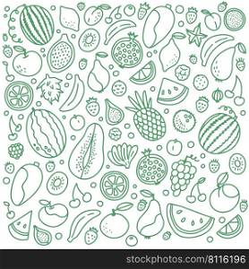 Doodle green fruits and berries set vector illustration