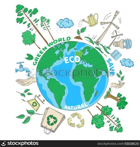 Doodle green world ecology colored concept with globe and eco decorative icons set vector illustration. Doodle Ecology Concept