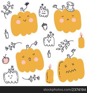 Doodle Halloween pumpkins collection with autumn elements. Perfect for scrapbooking, poster, sticker and prints. Hand drawn vector illustration for decor and design.