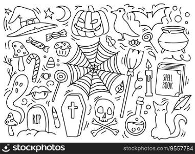 Doodle Halloween symbol set. Potion, pumpkin, cat, raven, broom, witch hat, cauldron. Occult stuff for fall celebration. Can be used for party decoration, fabric print or web. Stock vector isolated. Hand drawn halloween occult attributes icon set.