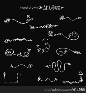 Doodle hand drawn arrows,graphic elements,isolated on dark background,vector illustration. Doodle hand drawn arrows
