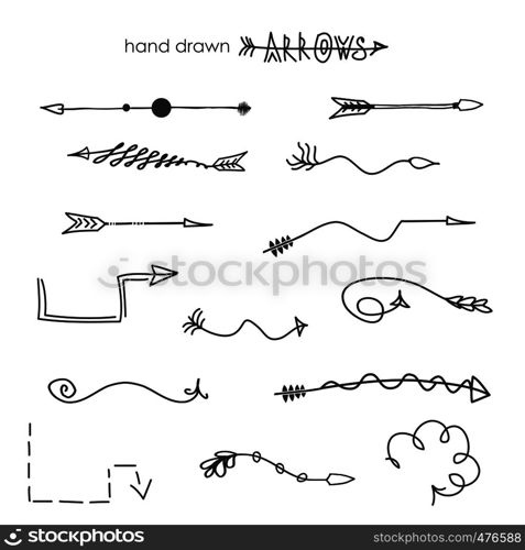 Doodle hand drawn arrows,graphic elements,isolated on white background,vector illustration. Doodle hand drawn arrows.