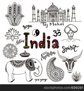 Doodle hand drawn collection of India icons. India culture elements for design. Vector travel set. Handwriting India lettering. Doodle hand drawn collection of India icons. culture elements for design. Vector travel set. Handwriting lettering