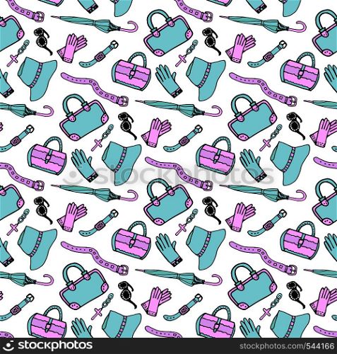 Doodle hand drawn fashion accessories and handbags seamless pattern in blue and pink pastel colors. Sketch woman shopping background. Doodle hand drawn fashion accessories and handbags seamless pattern in blue and pink pastel colors. Sketch shopping background