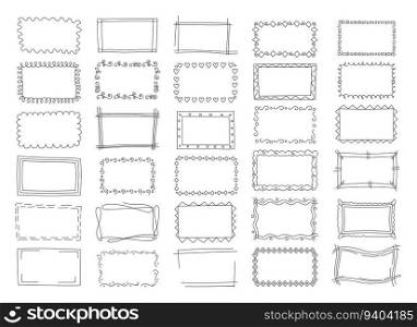 Doodle hand drawn frames, scribble borders. Line square box with copy space for text, cute sketch ornament, pencil or pen tidy decorative shapes. Posters and cards decor. Vector cartoon illustration. Doodle hand drawn frames, scribble borders. Line square box with copy space for text, cute sketch ornament, pencil or pen tidy decorative shapes. Posters decor. Vector cartoon illustration