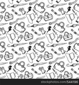 Doodle hand drawn girl fashion accessories and handbags seamless pattern. Sketch shopping fashion background. Doodle hand drawn girl fashion accessories and handbags seamless pattern. Sketch art shopping fashion background