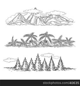 Doodle hand drawn landscapes with mountain forest and palms - popular rest style vector. Doodle hand drawn vector landscapes with mountain forest and palms - popular rest style vector