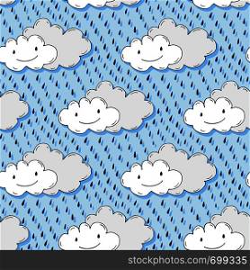 Doodle hand drawn seamless pattern with cute clouds. Funny vector background.. Doodle hand drawn seamless pattern with cute clouds. Funny vector background