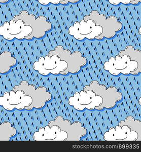 Doodle hand drawn seamless pattern with cute clouds. Funny vector background.. Doodle hand drawn seamless pattern with cute clouds. Funny vector background