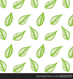 Doodle hand drawn seamless pattern with green leaves isolated on white background. Simple grunge textured drawing. Botanical natural wallpaper design. Fabric print template. Summer season background.