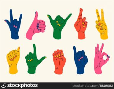 Doodle hand gestures. Trendy colourful male and female hands showing various gestures, contemporary abstract art. Vector isolated set symbols gesturing language cartoonized hands. Doodle hand gestures. Trendy colourful male and female hands showing various gestures, contemporary abstract art. Vector isolated set