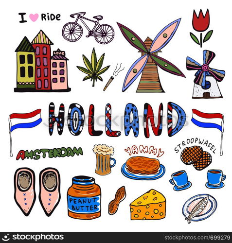 Doodle hand sketch collection of Holland icons. Netherlands culture elements for design. Vector colorful illustrations.. Doodle hand sketch collection of Holland icons. Netherlands culture elements for design. Vector colorful illustrations